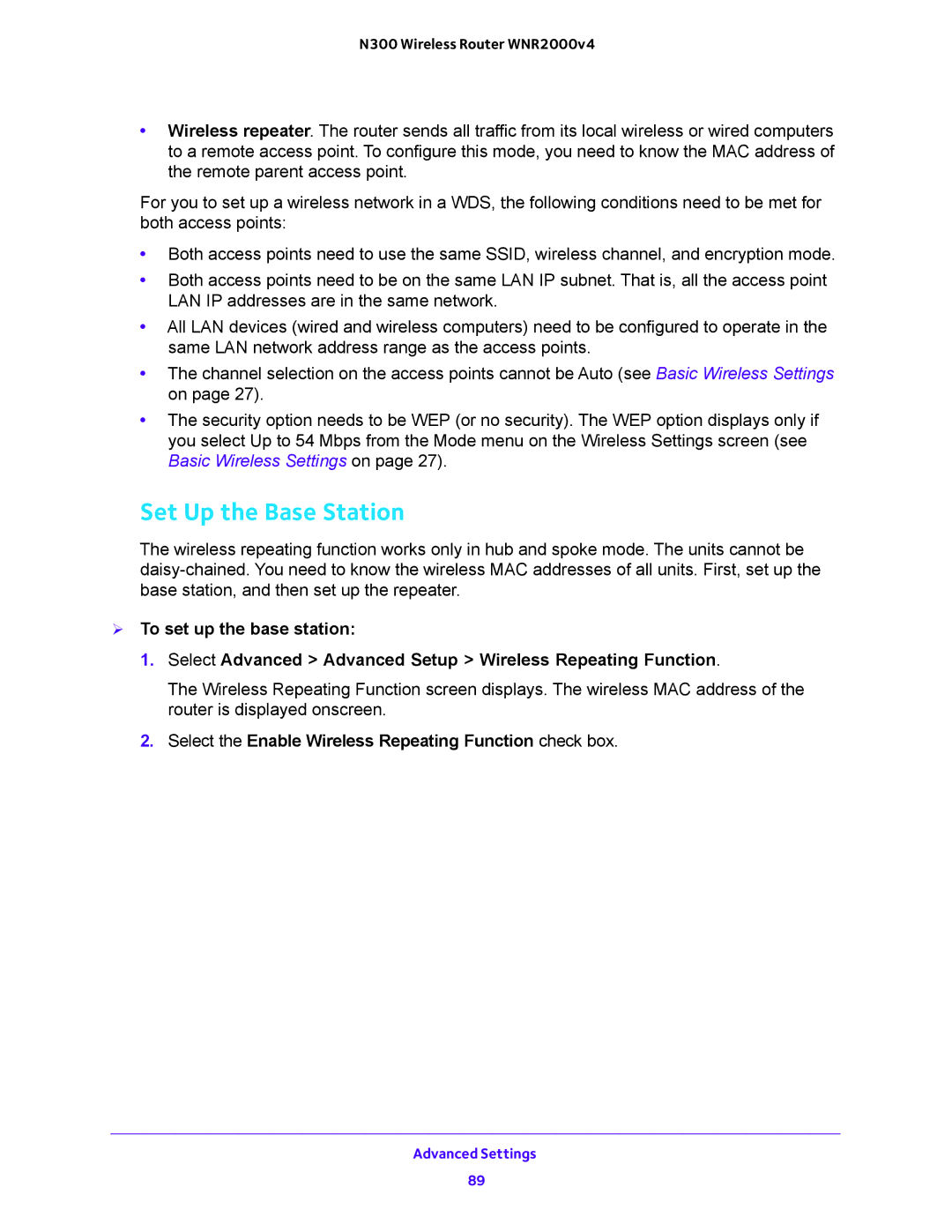 NETGEAR WNR2000-100FSS user manual Set Up the Base Station, Select the Enable Wireless Repeating Function check box 