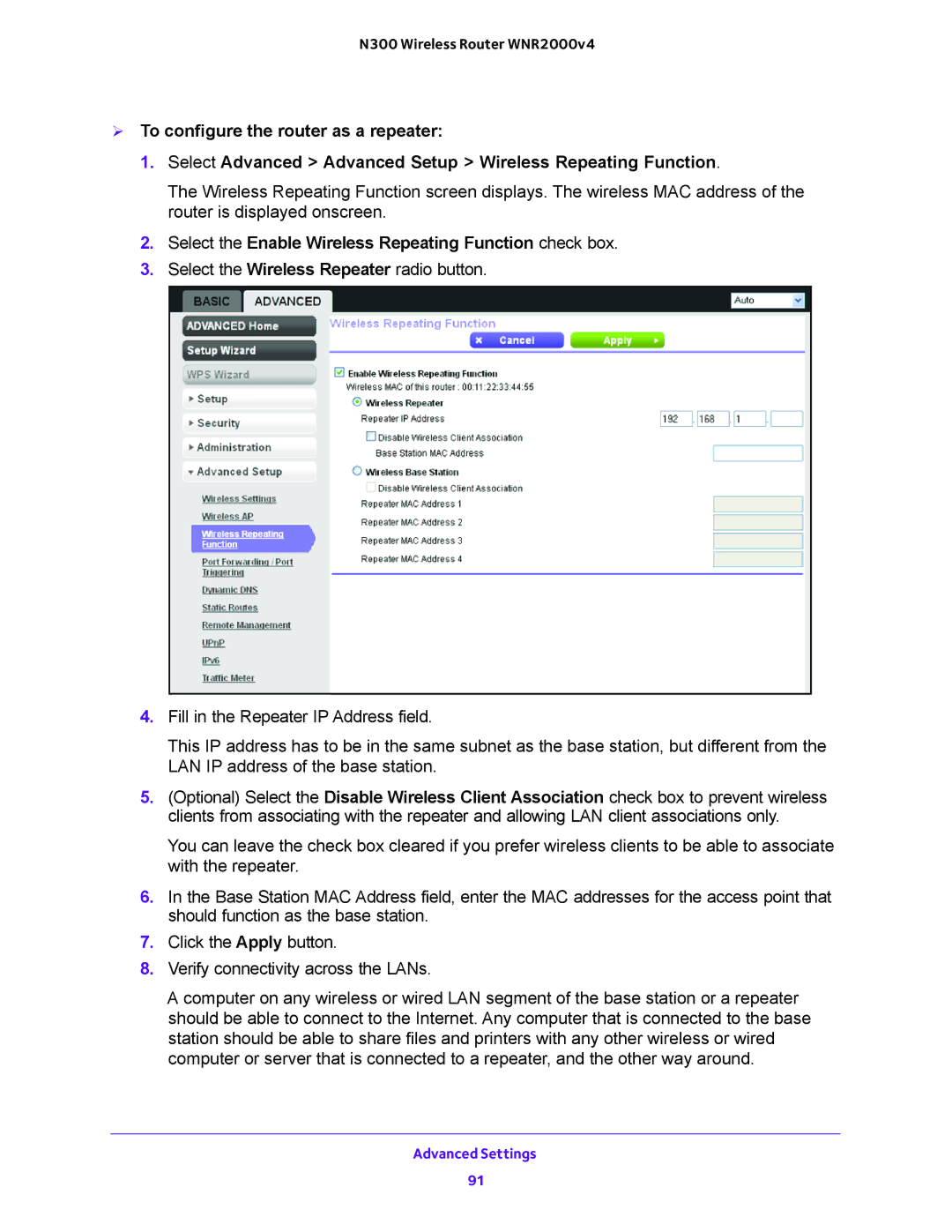 NETGEAR WNR2000-100FSS user manual Select the Enable Wireless Repeating Function check box 