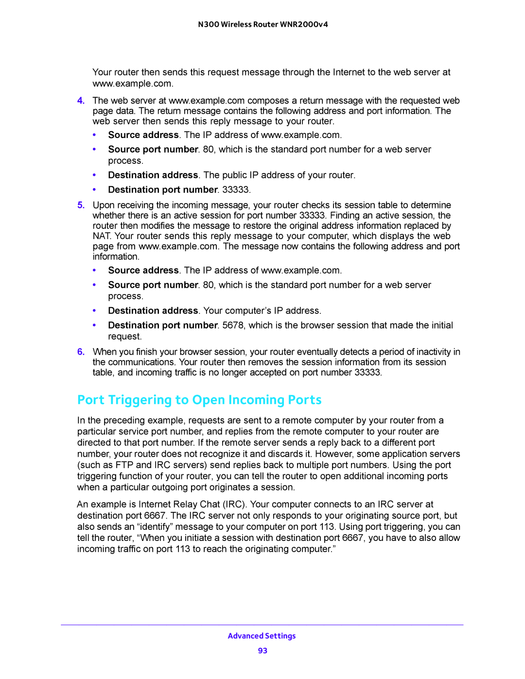 NETGEAR WNR2000-100FSS user manual Port Triggering to Open Incoming Ports, Destination port number 