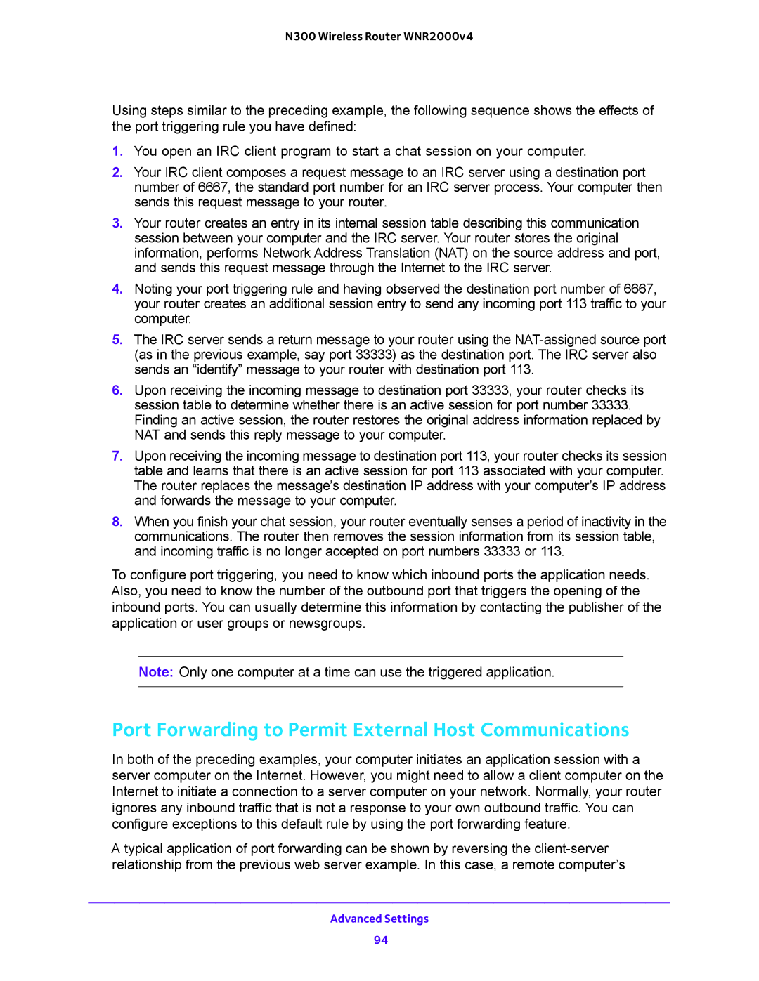 NETGEAR WNR2000-100FSS user manual Port Forwarding to Permit External Host Communications 