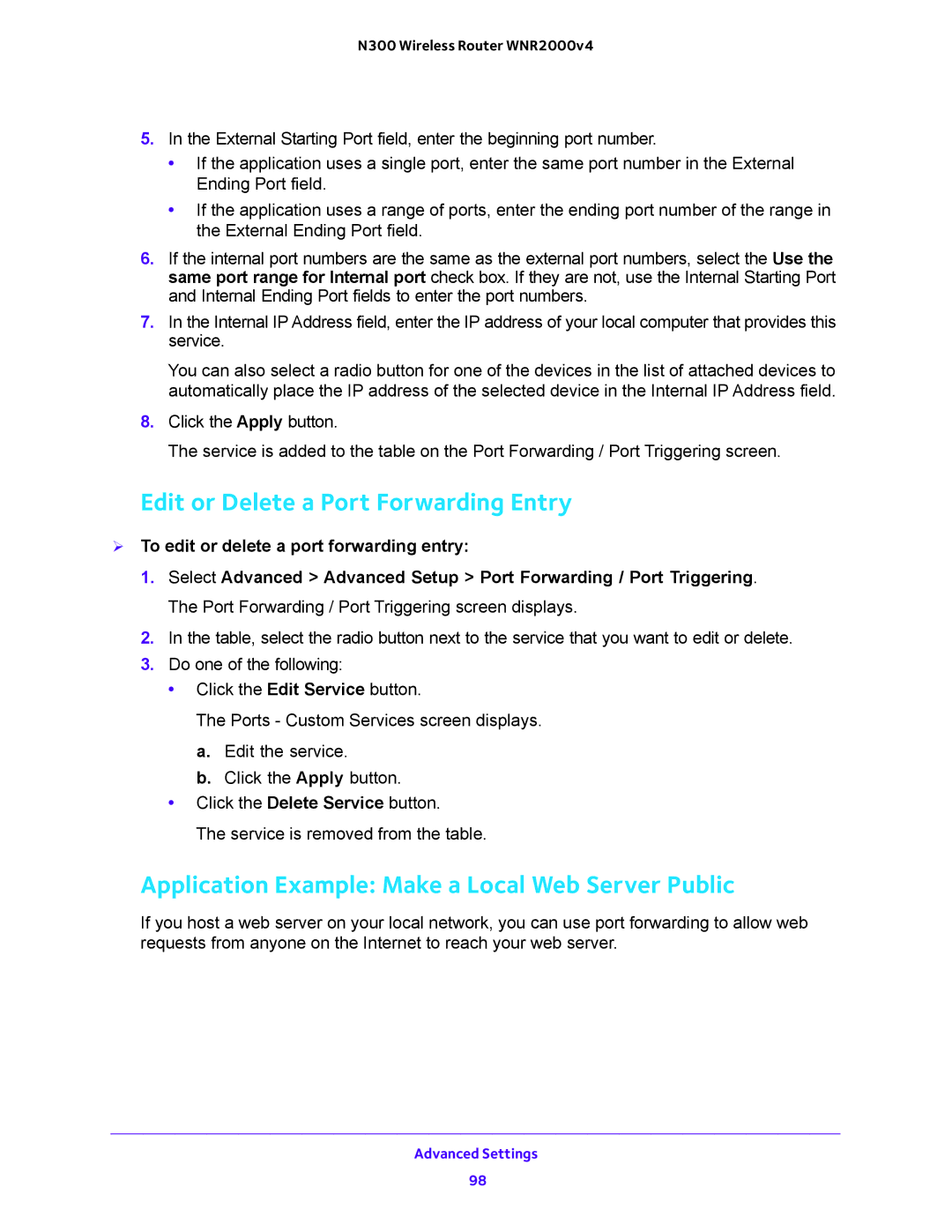 NETGEAR WNR2000-100FSS Edit or Delete a Port Forwarding Entry, Application Example Make a Local Web Server Public 