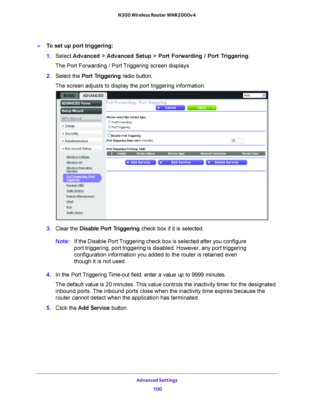 NETGEAR WNR2000-100FSS user manual  To set up port triggering 