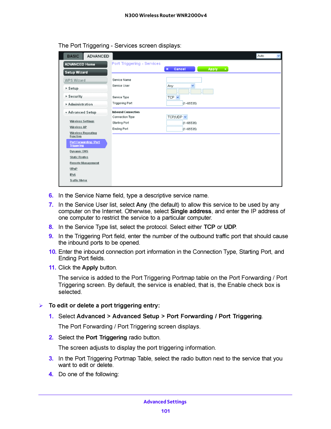 NETGEAR WNR2000-100FSS user manual  To edit or delete a port triggering entry 