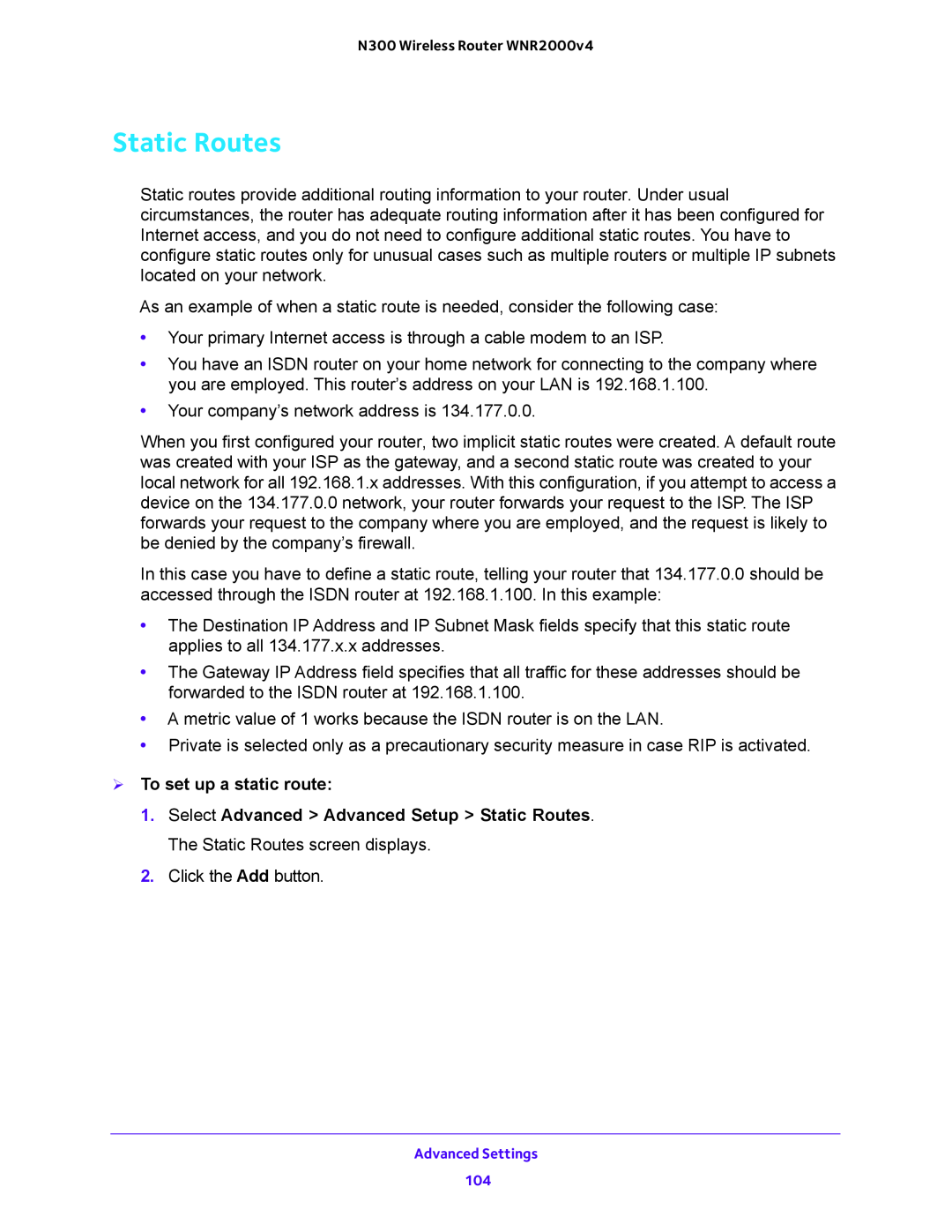 NETGEAR WNR2000-100FSS user manual Static Routes,  To set up a static route 