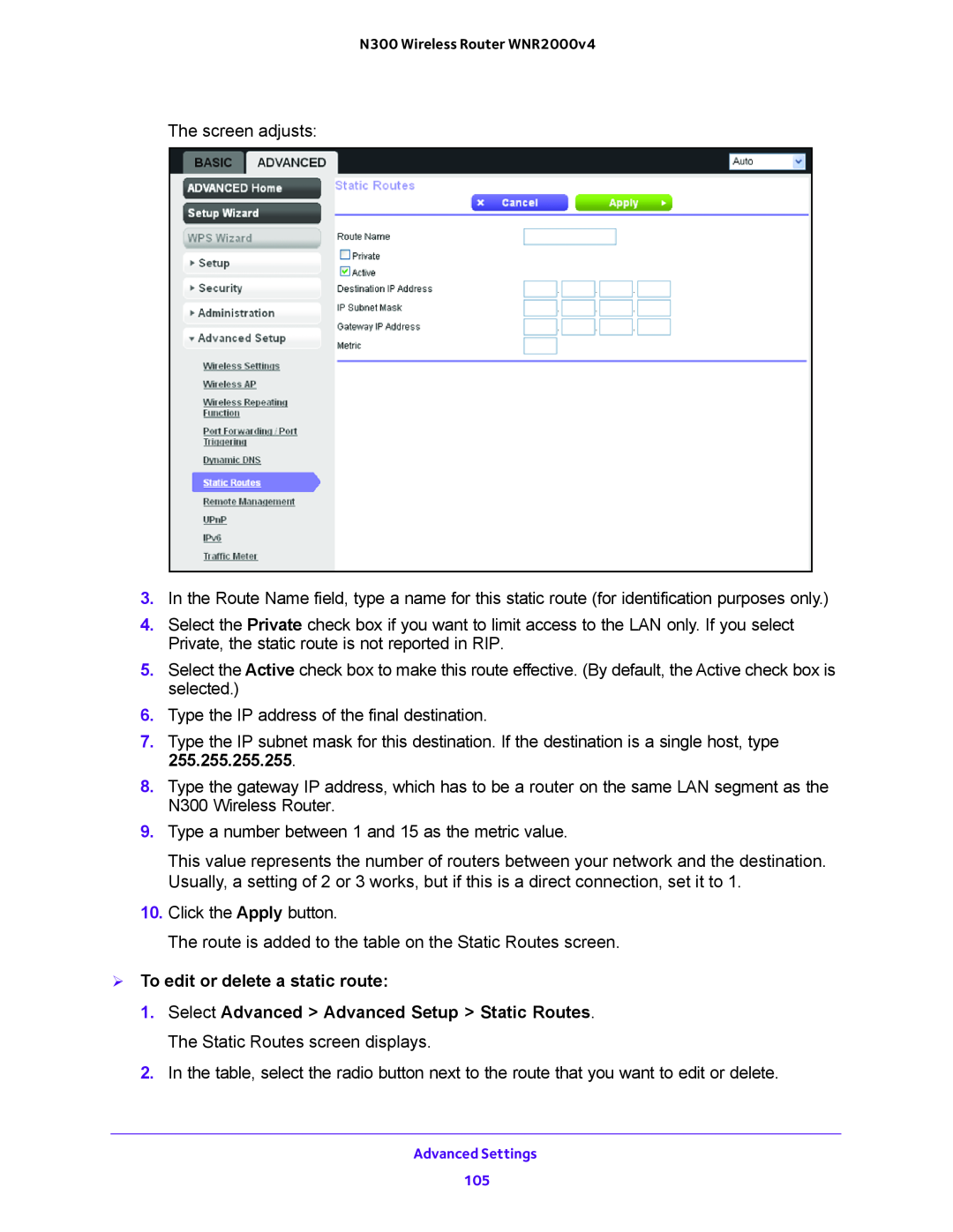 NETGEAR WNR2000-100FSS user manual  To edit or delete a static route 