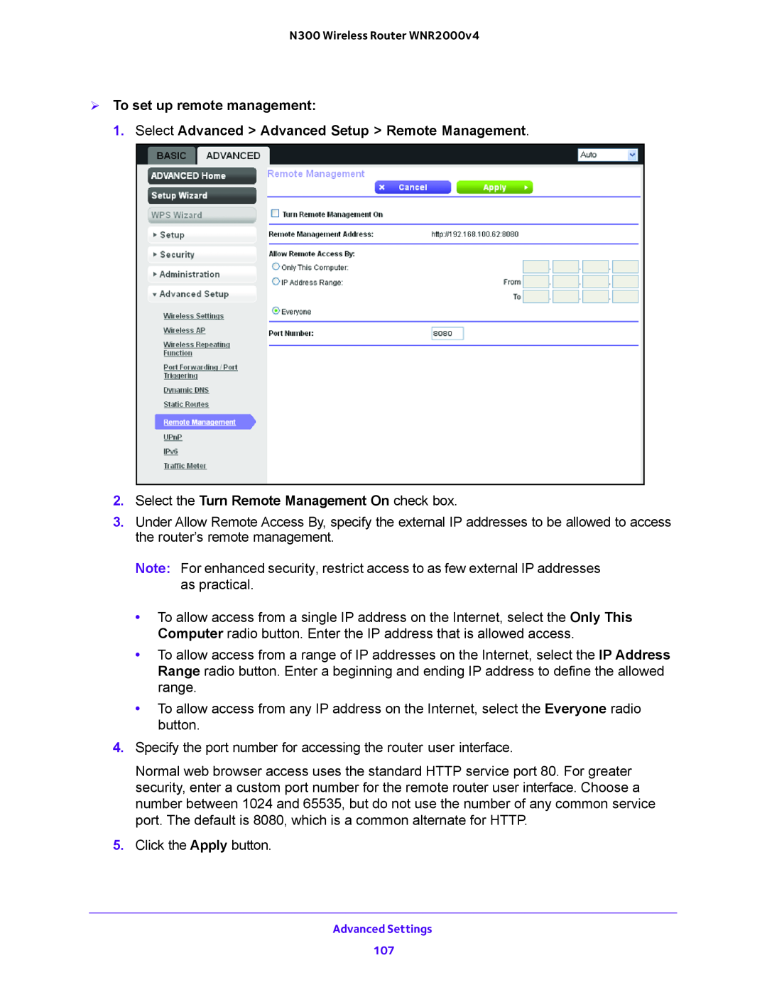 NETGEAR WNR2000-100FSS user manual  To set up remote management, Select Advanced Advanced Setup Remote Management 