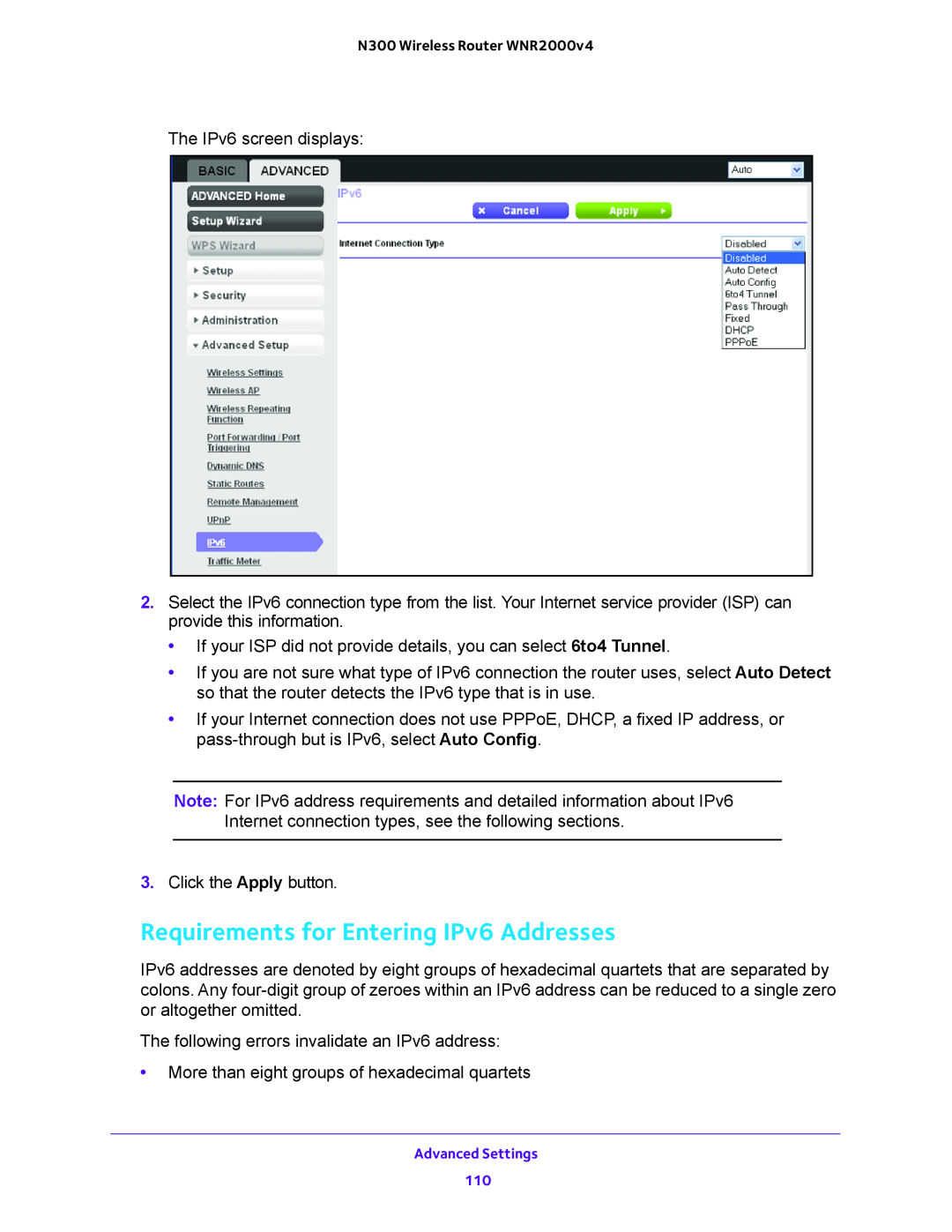 NETGEAR WNR2000-100FSS user manual Requirements for Entering IPv6 Addresses 