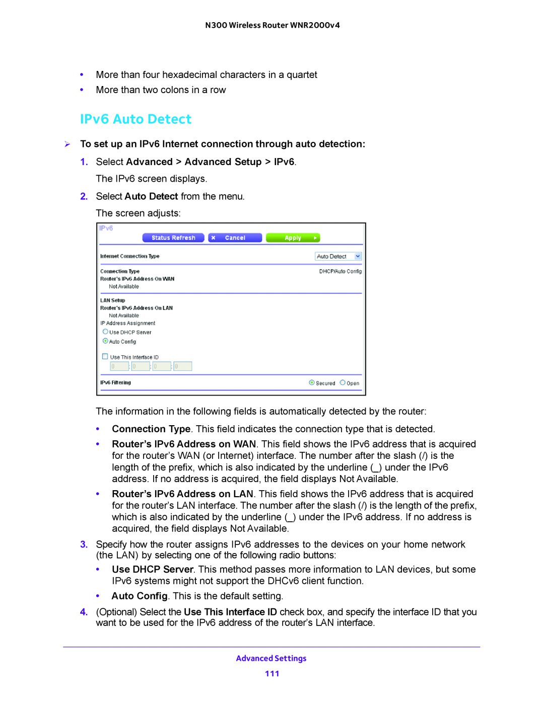 NETGEAR WNR2000-100FSS user manual IPv6 Auto Detect,  To set up an IPv6 Internet connection through auto detection 