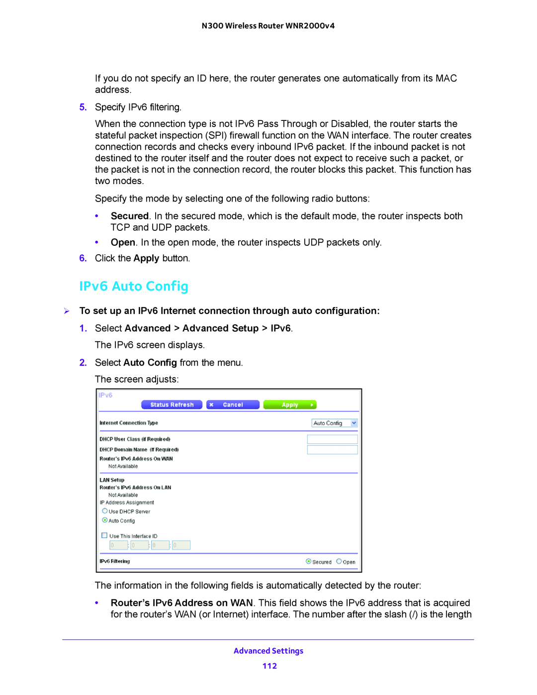 NETGEAR WNR2000-100FSS user manual IPv6 Auto Config,  To set up an IPv6 Internet connection through auto configuration 