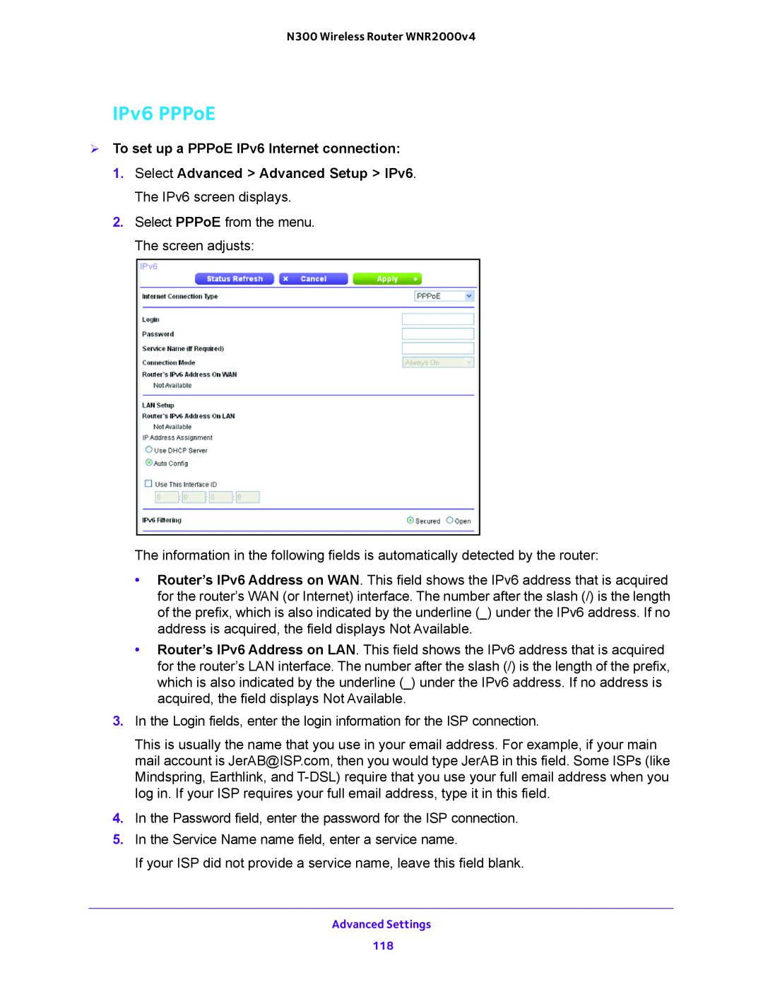 NETGEAR WNR2000-100FSS user manual IPv6 PPPoE,  To set up a PPPoE IPv6 Internet connection 