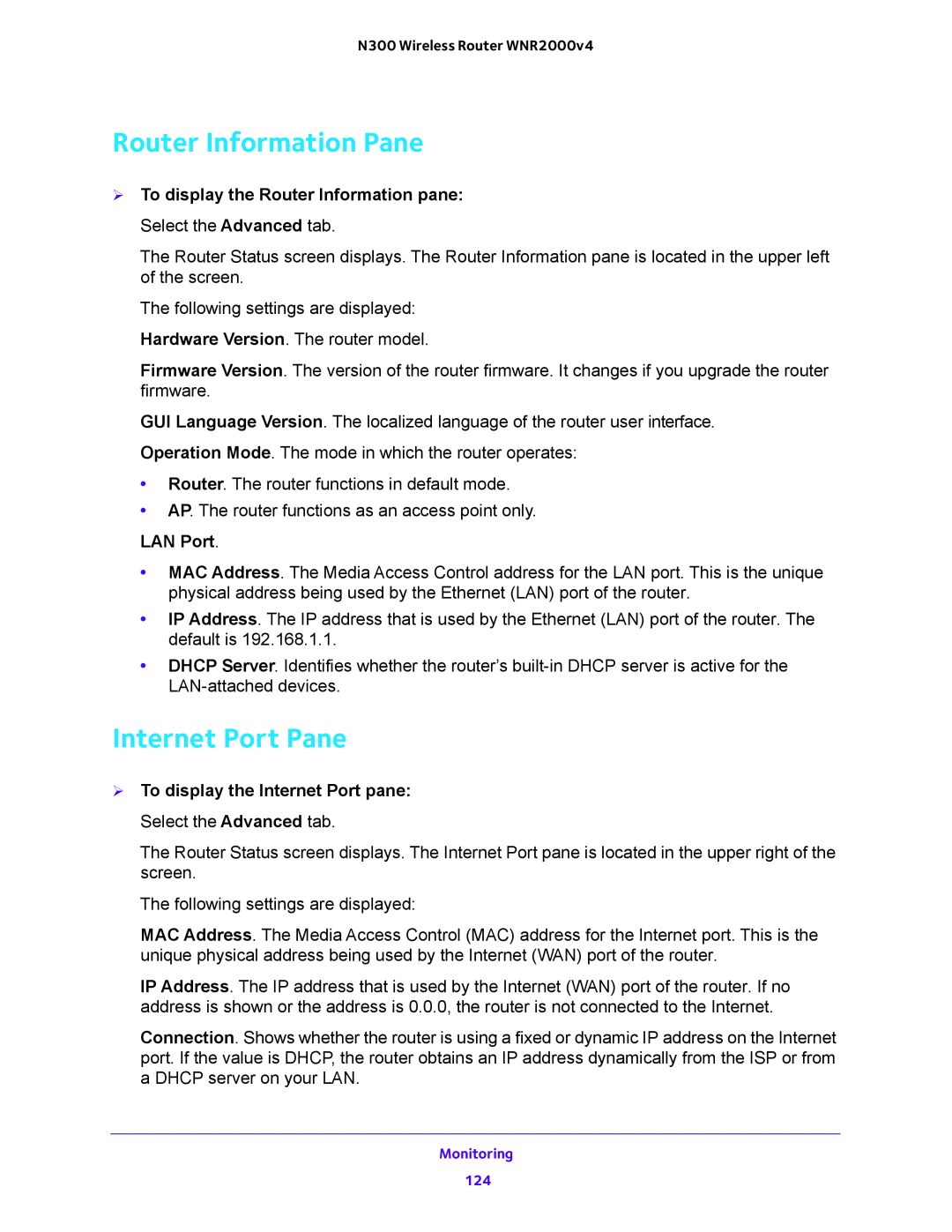 NETGEAR WNR2000-100FSS user manual Router Information Pane, Internet Port Pane, LAN Port 
