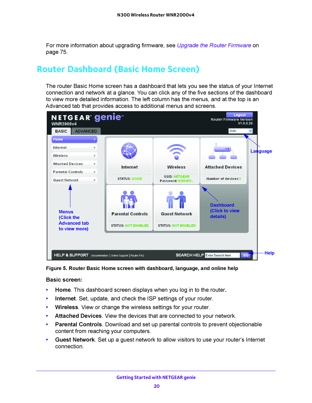 NETGEAR WNR2000-100FSS user manual Router Dashboard Basic Home Screen, Basic screen 