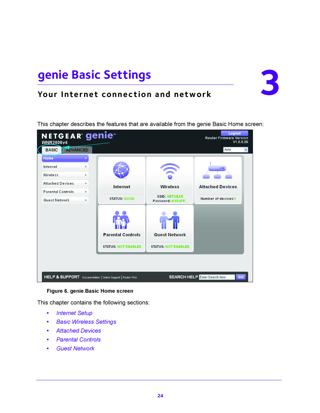 NETGEAR WNR2000 user manual genie Basic Settings, Your Internet connection and network, Parental Controls Guest Network 