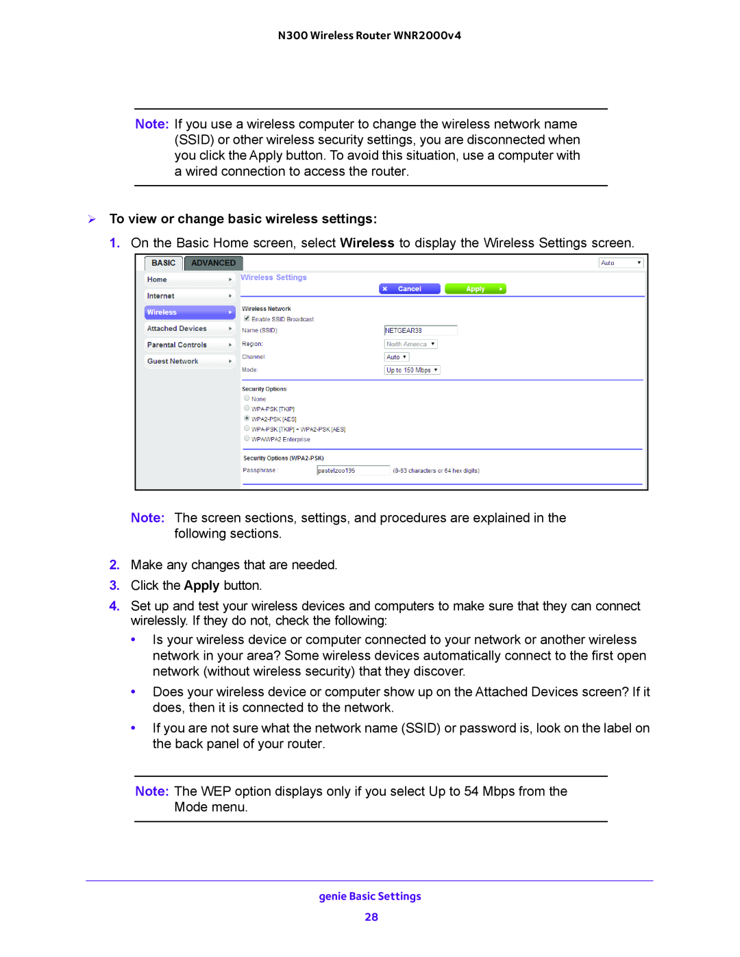 NETGEAR WNR2000-100FSS user manual  To view or change basic wireless settings 