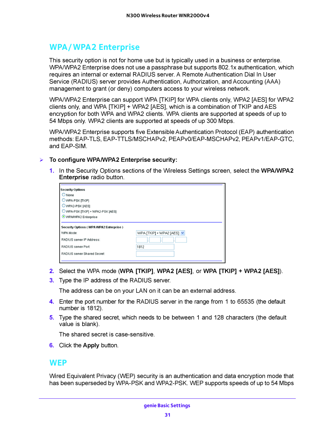 NETGEAR WNR2000-100FSS user manual  To configure WPA/WPA2 Enterprise security 