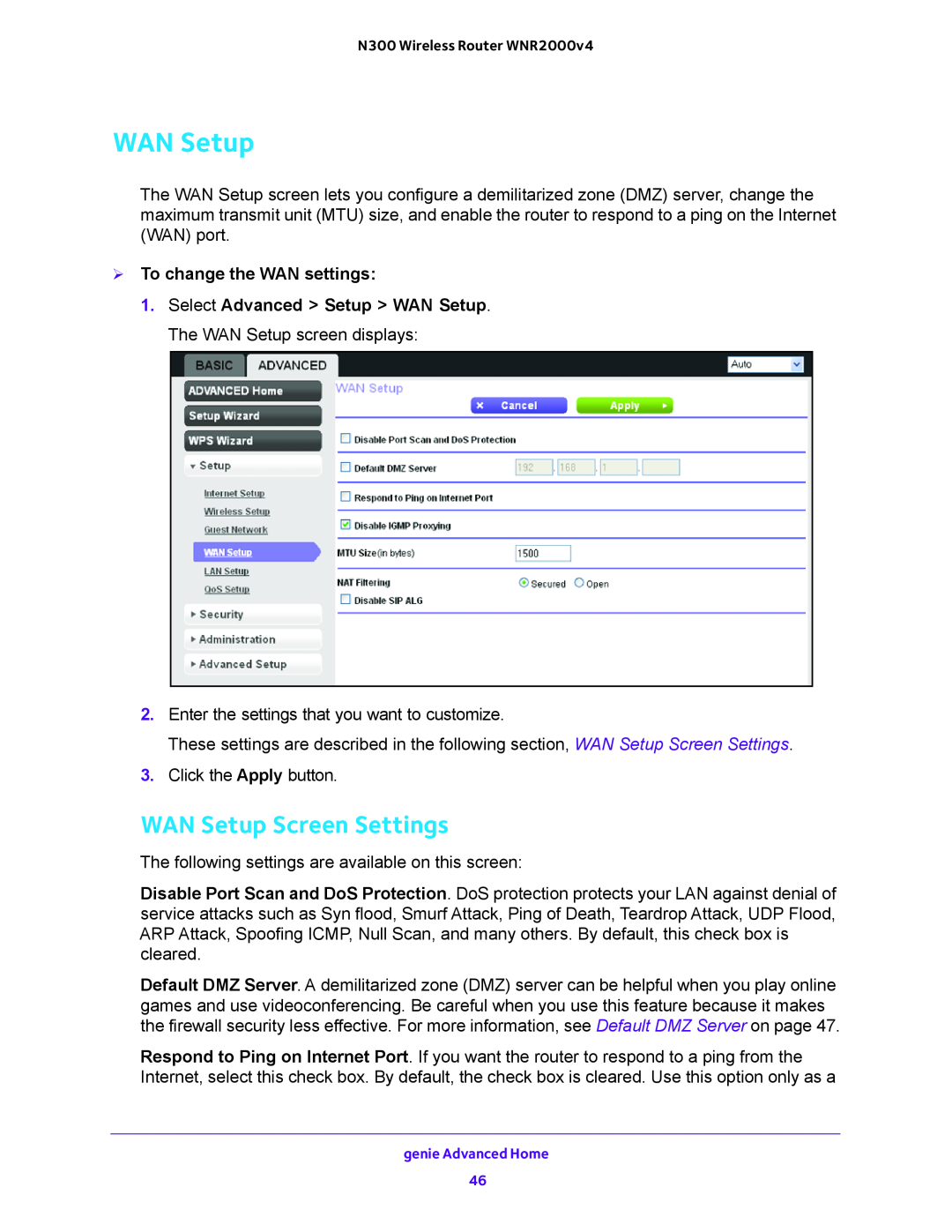 NETGEAR WNR2000-100FSS user manual WAN Setup Screen Settings,  To change the WAN settings 