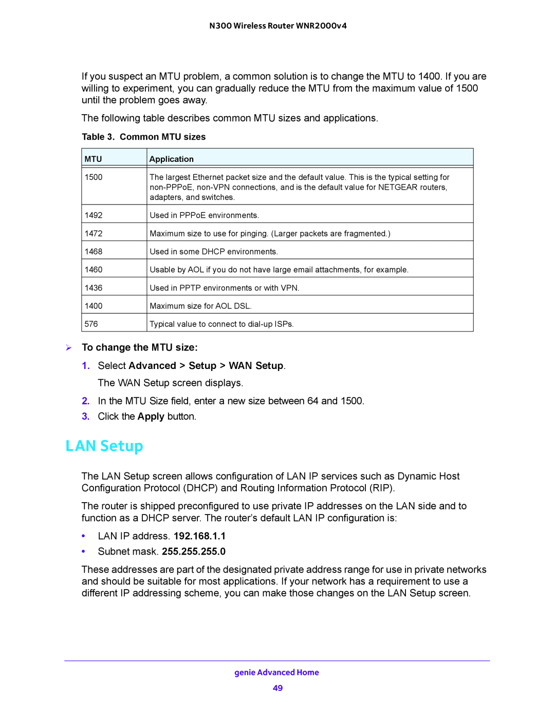NETGEAR WNR2000-100FSS user manual LAN Setup,  To change the MTU size 