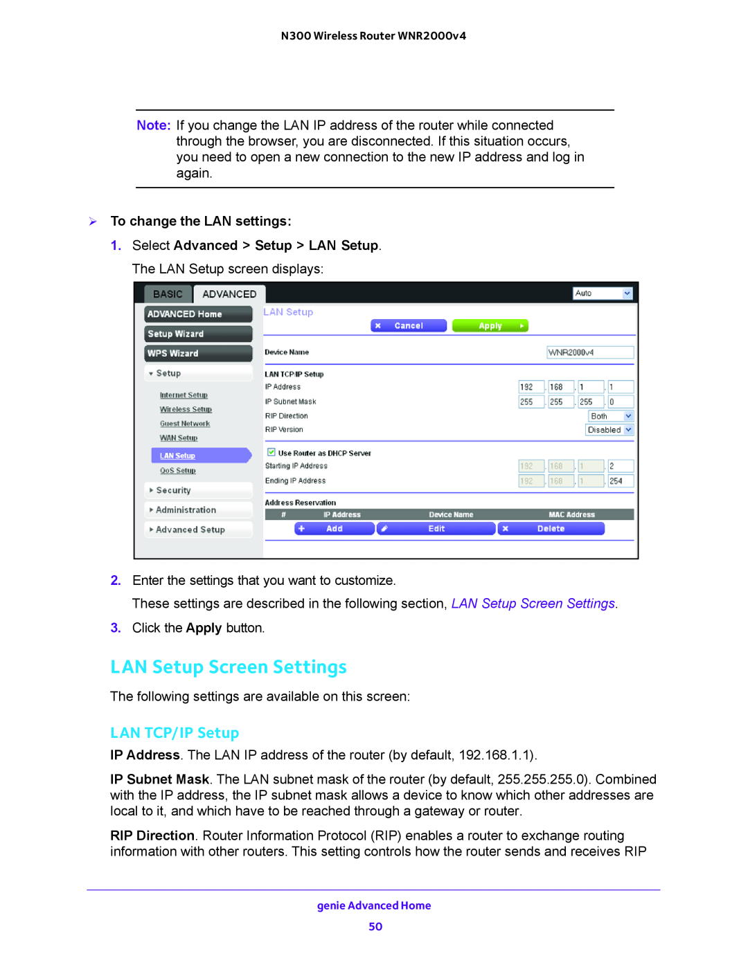 NETGEAR WNR2000-100FSS user manual LAN Setup Screen Settings, LAN TCP/IP Setup,  To change the LAN settings 