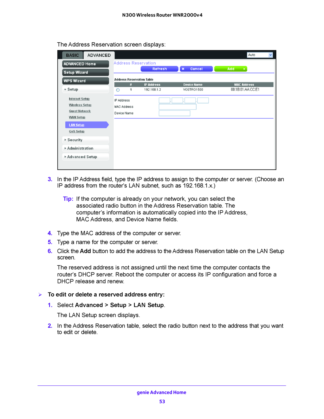 NETGEAR WNR2000-100FSS user manual  To edit or delete a reserved address entry 