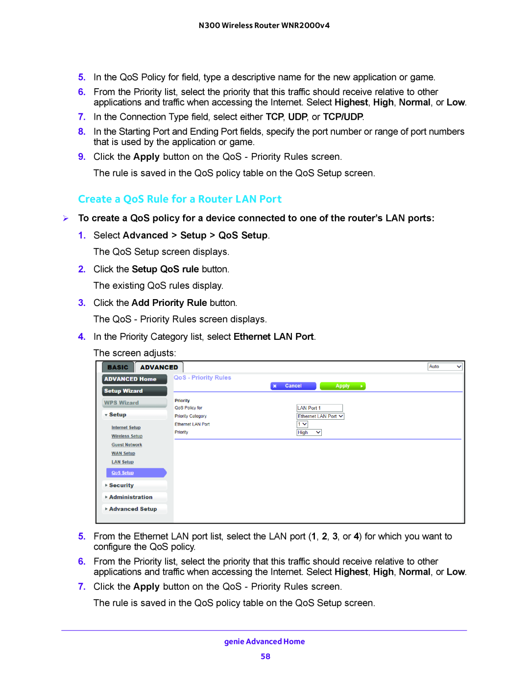 NETGEAR WNR2000-100FSS user manual Create a QoS Rule for a Router LAN Port, Click the Add Priority Rule button 