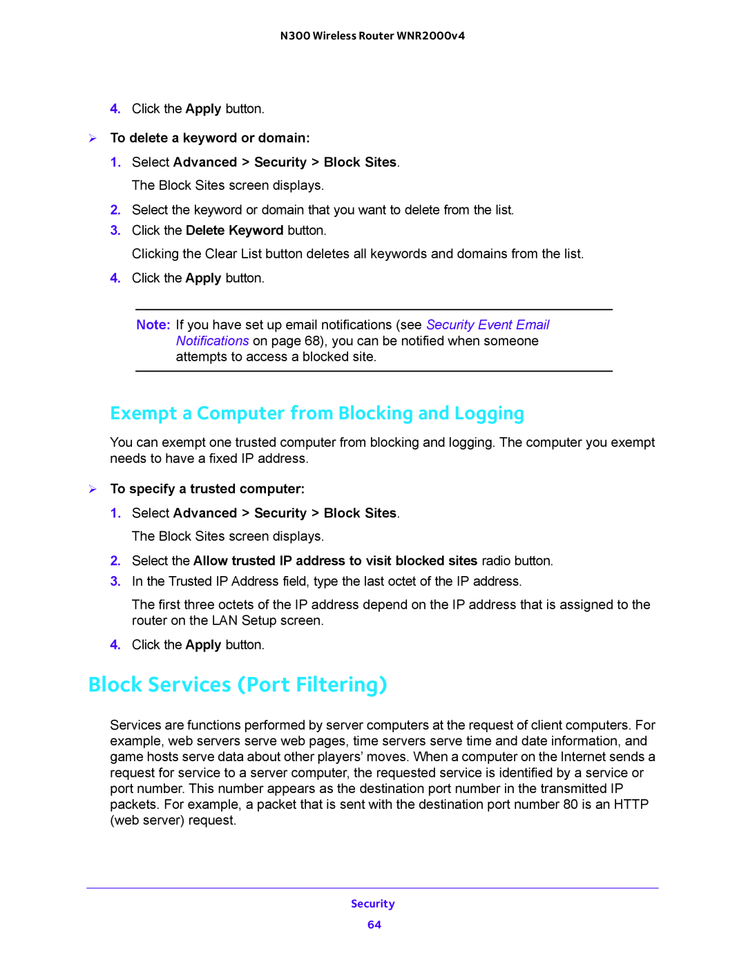 NETGEAR WNR2000-100FSS user manual Block Services Port Filtering, Exempt a Computer from Blocking and Logging 