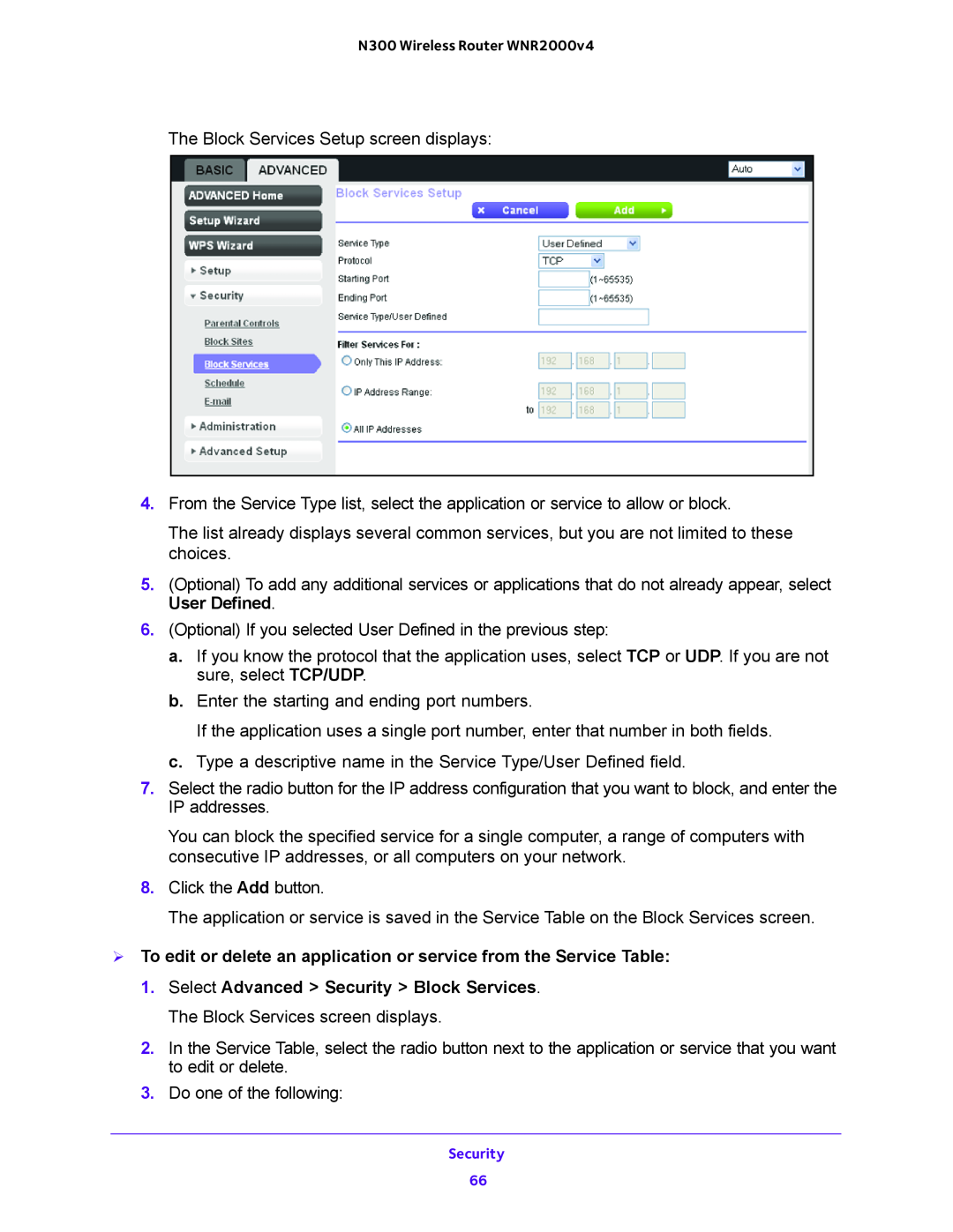 NETGEAR WNR2000-100FSS user manual  To edit or delete an application or service from the Service Table 
