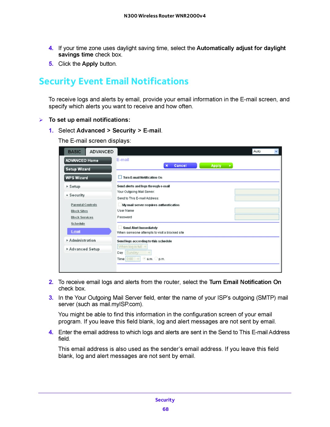 NETGEAR WNR2000-100FSS user manual Security Event Email Notifications,  To set up email notifications 