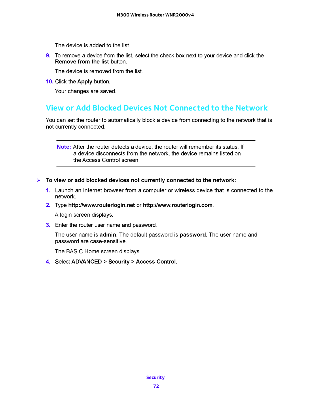 NETGEAR WNR2000 View or Add Blocked Devices Not Connected to the Network, Select ADVANCED Security Access Control 