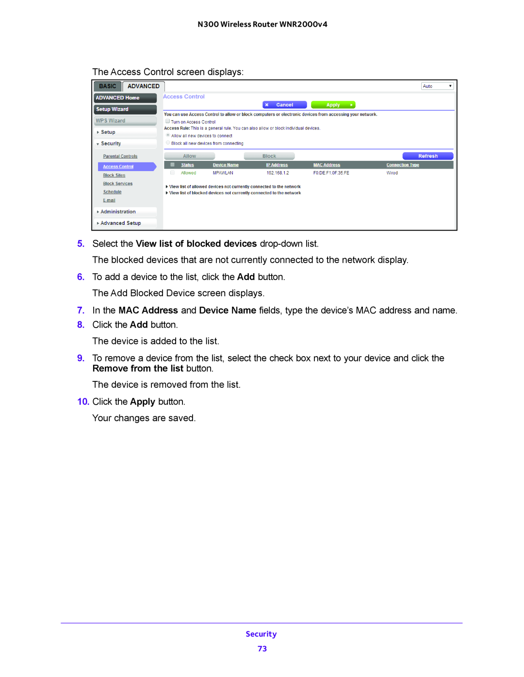 NETGEAR WNR2000-100FSS user manual Select the View list of blocked devices drop-down list 
