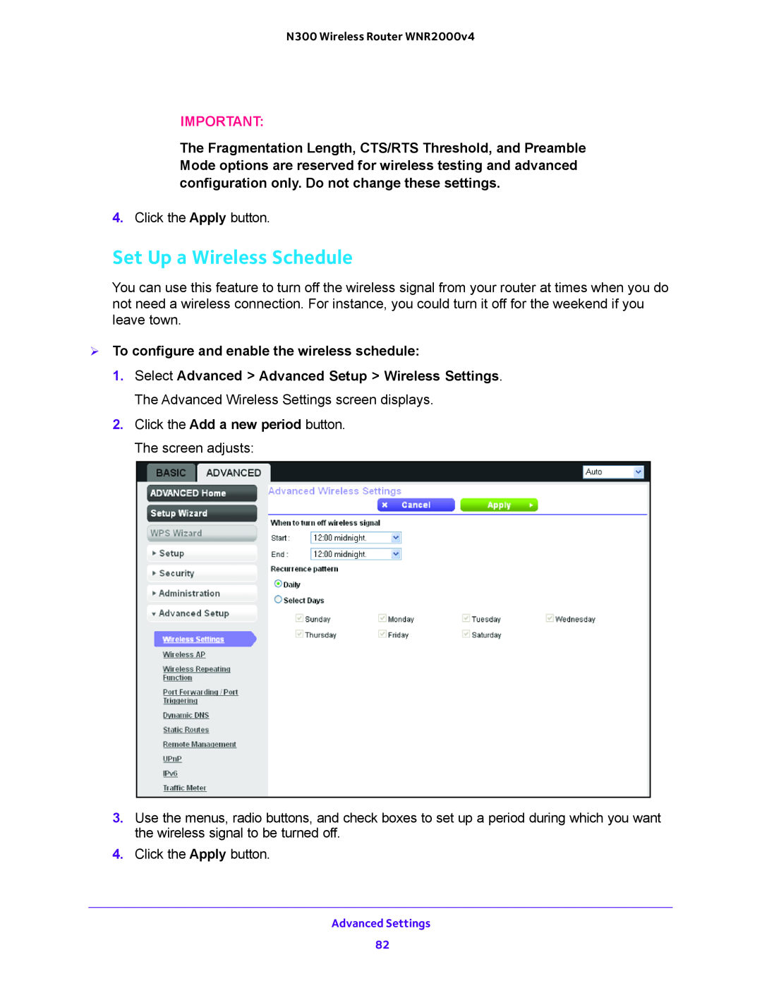 NETGEAR WNR2000-100FSS user manual Set Up a Wireless Schedule,  To configure and enable the wireless schedule 