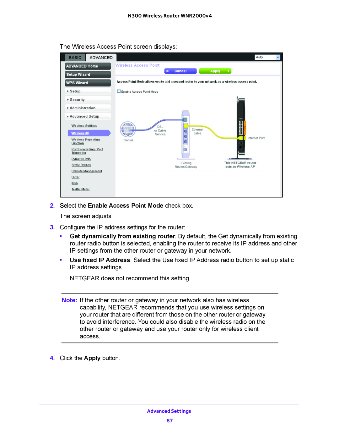 NETGEAR WNR2000-100FSS user manual The Wireless Access Point screen displays 
