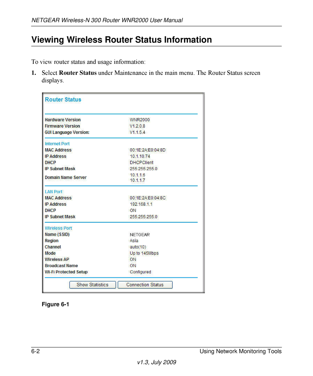 NETGEAR WNR2000 manual Viewing Wireless Router Status Information 