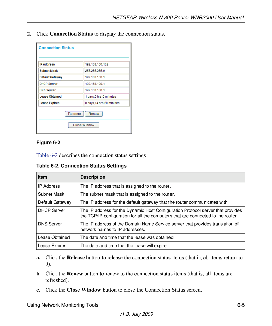 NETGEAR WNR2000 manual Connection Status Settings 