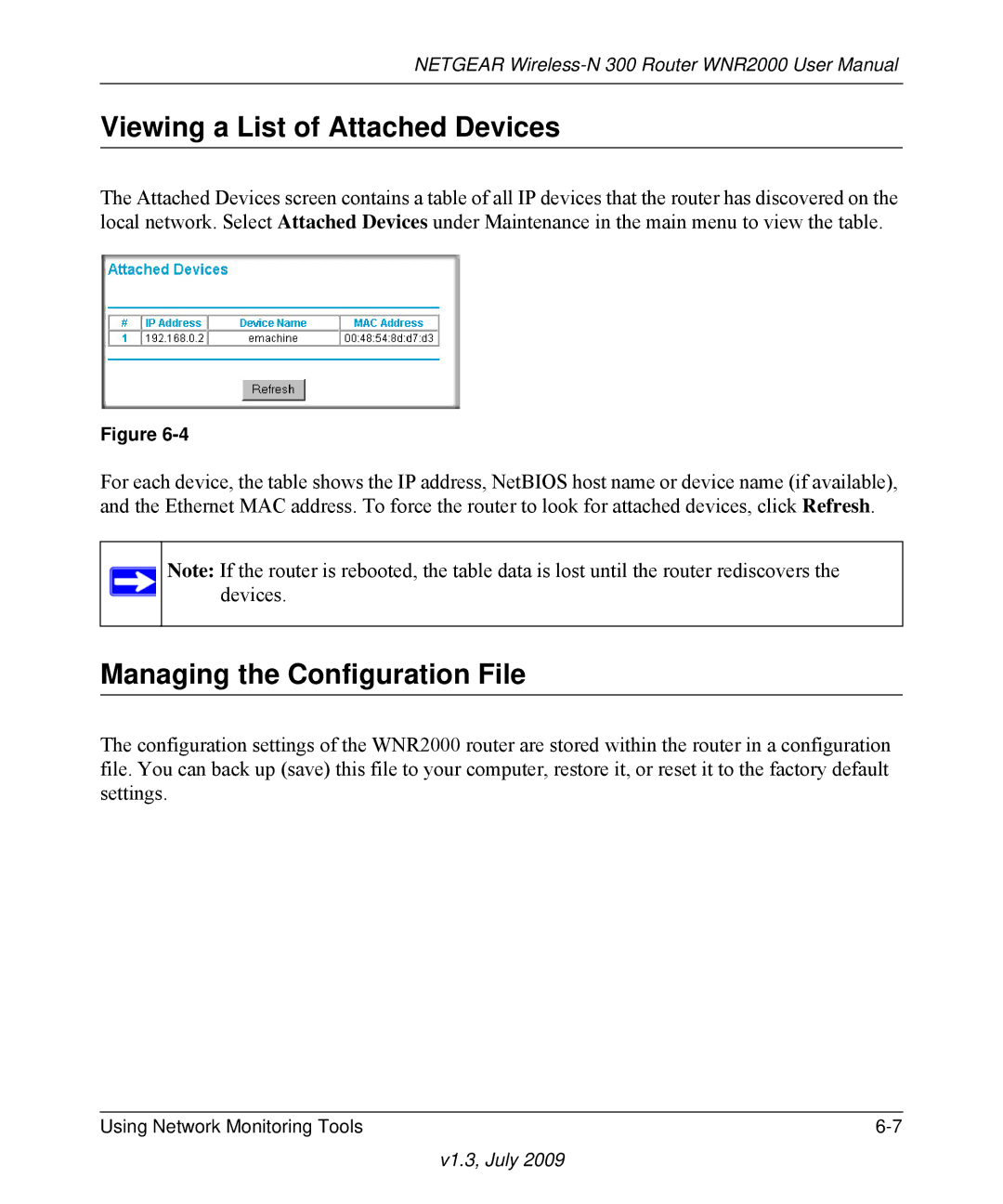 NETGEAR WNR2000 manual Viewing a List of Attached Devices, Managing the Configuration File 