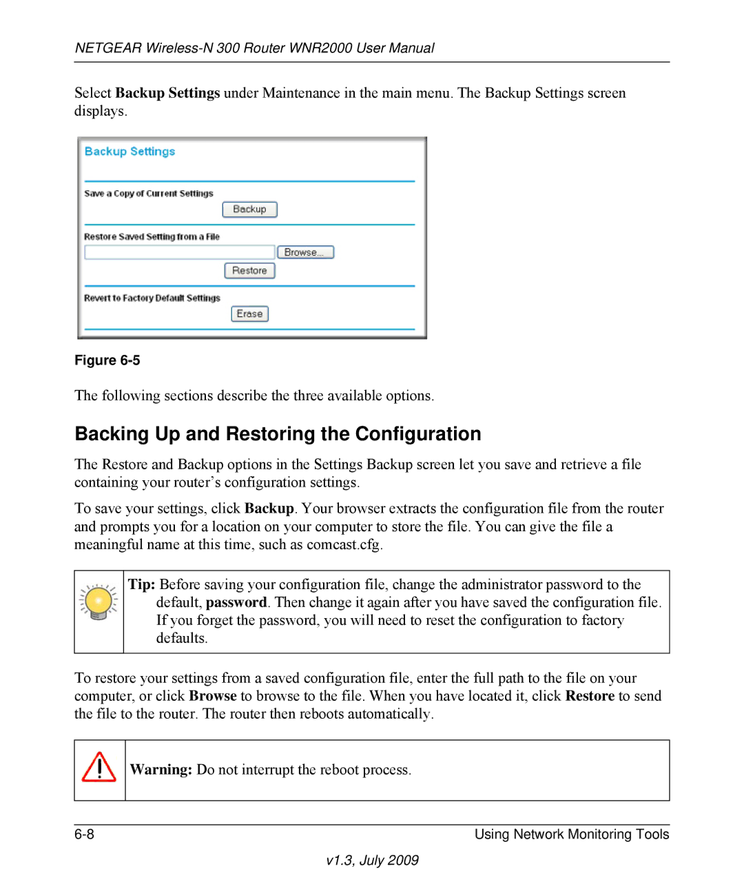 NETGEAR WNR2000 manual Backing Up and Restoring the Configuration 