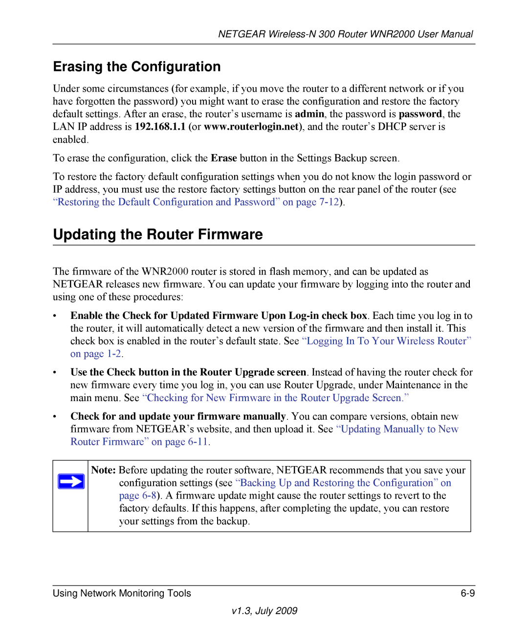 NETGEAR WNR2000 manual Updating the Router Firmware, Erasing the Configuration 