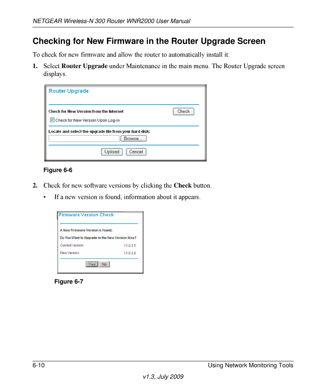 NETGEAR WNR2000 manual Checking for New Firmware in the Router Upgrade Screen 