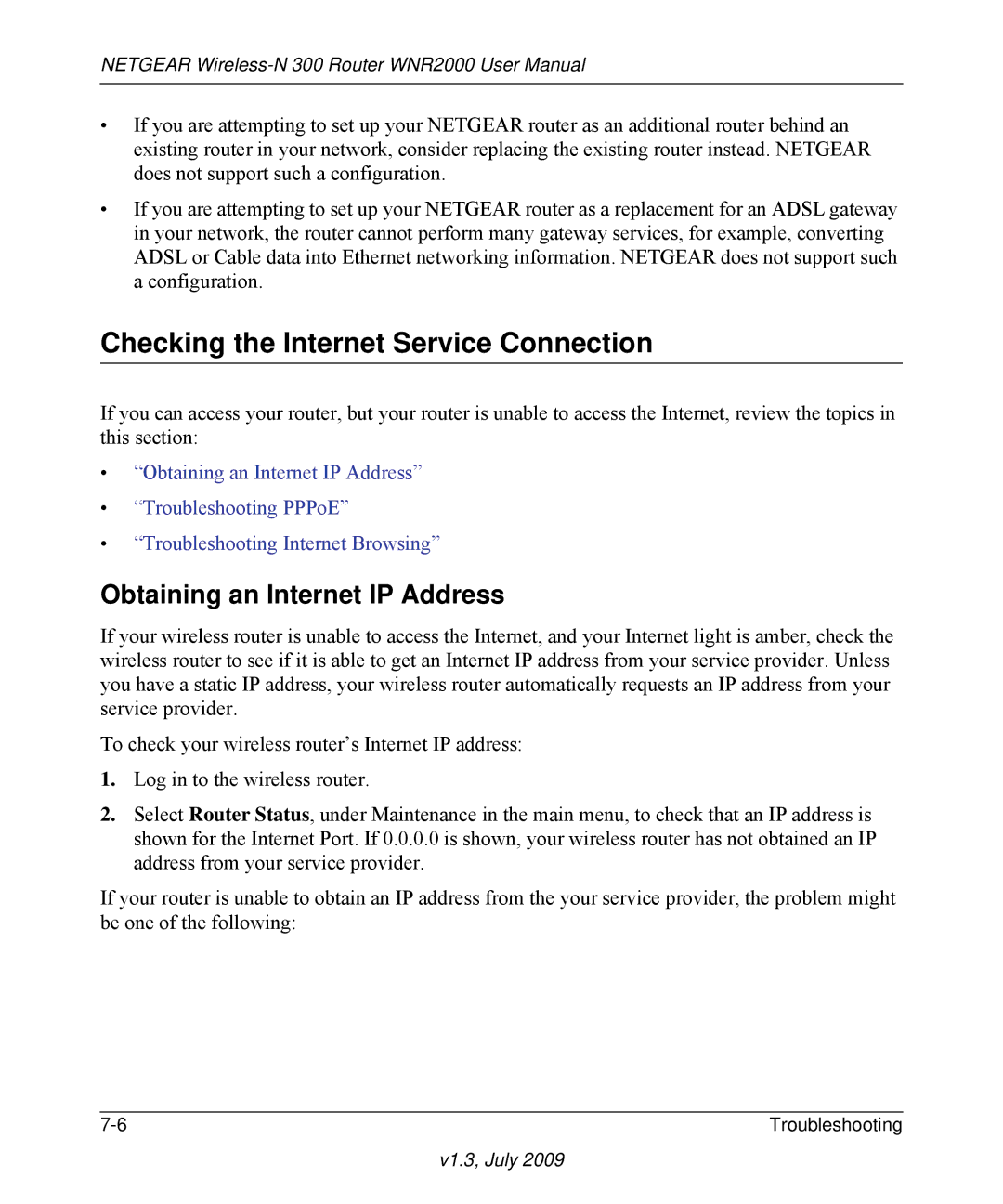 NETGEAR WNR2000 manual Checking the Internet Service Connection, Obtaining an Internet IP Address 