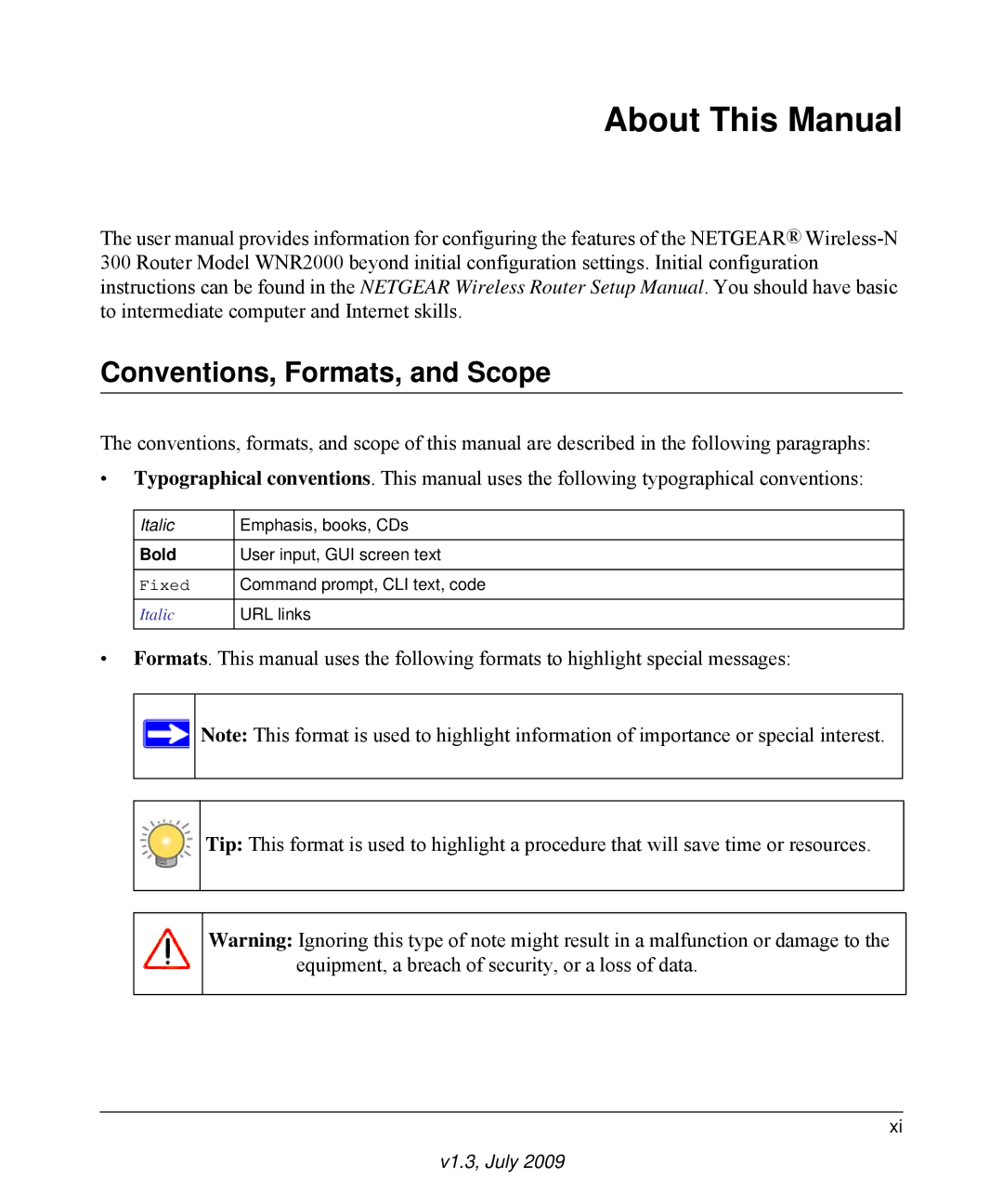 NETGEAR WNR2000 manual About This Manual, Conventions, Formats, and Scope 