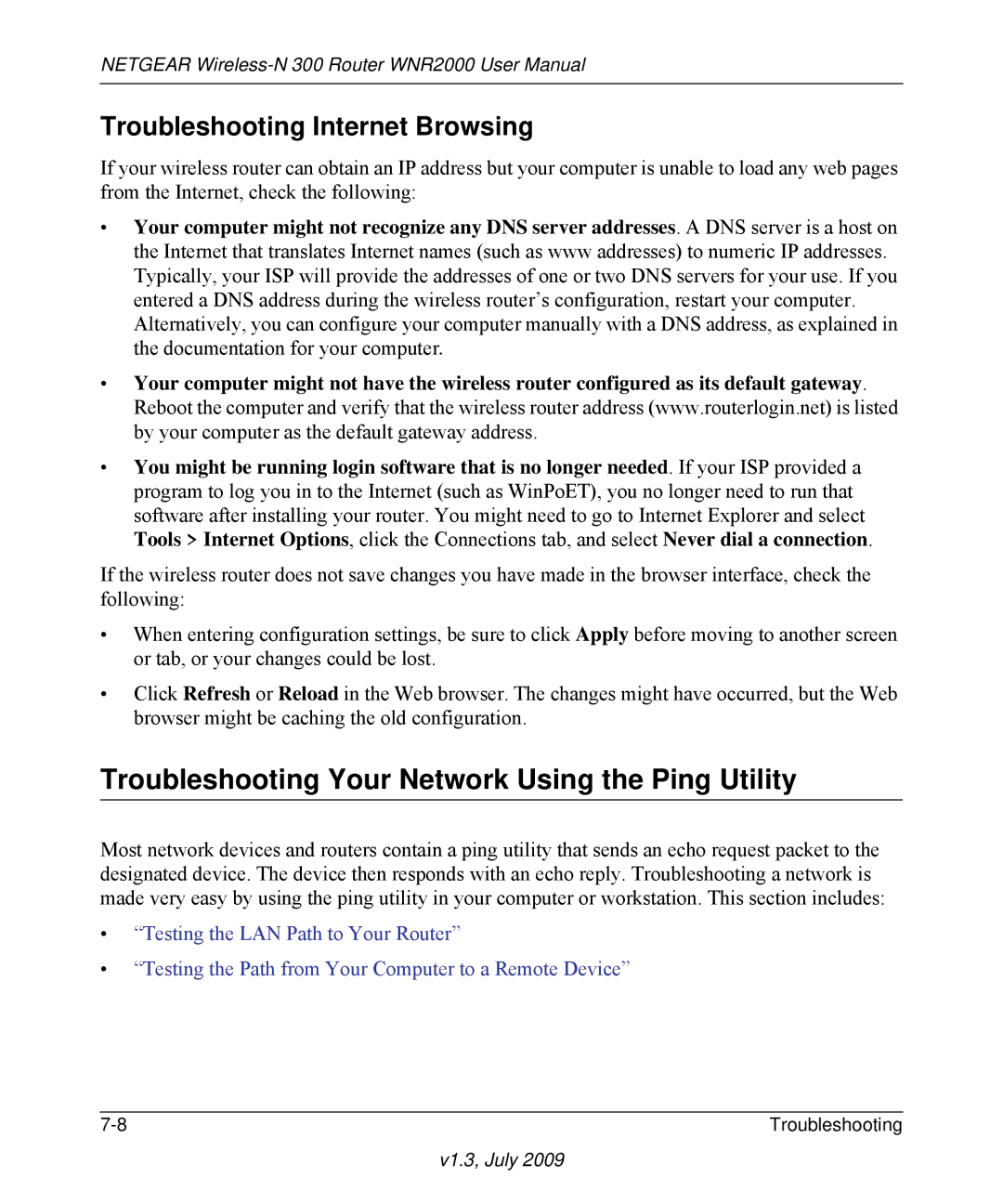 NETGEAR WNR2000 manual Troubleshooting Your Network Using the Ping Utility, Troubleshooting Internet Browsing 