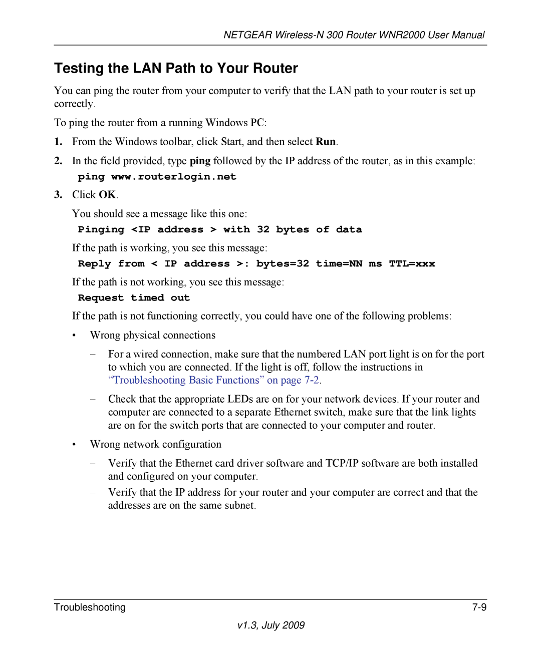 NETGEAR WNR2000 manual Testing the LAN Path to Your Router, Request timed out 