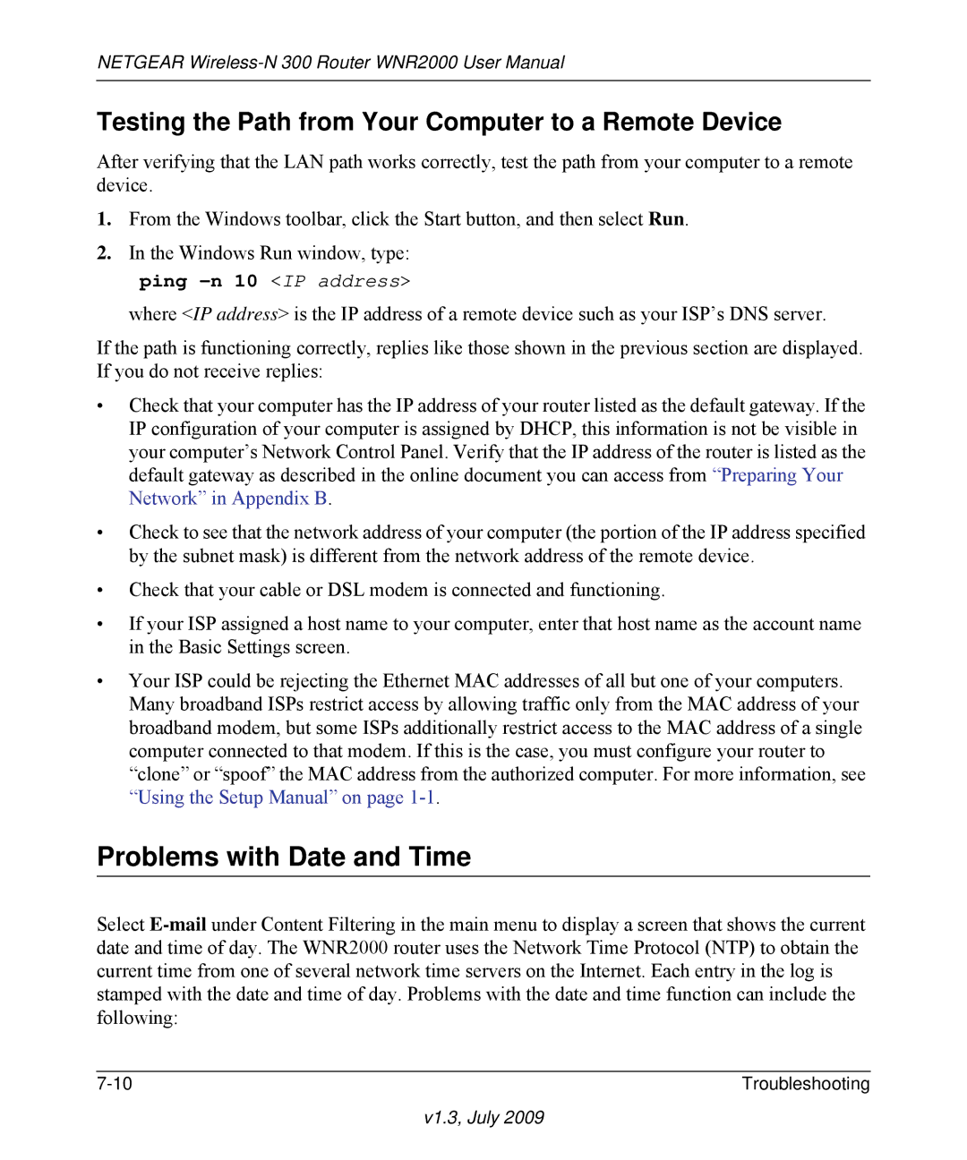 NETGEAR WNR2000 manual Problems with Date and Time, Testing the Path from Your Computer to a Remote Device 