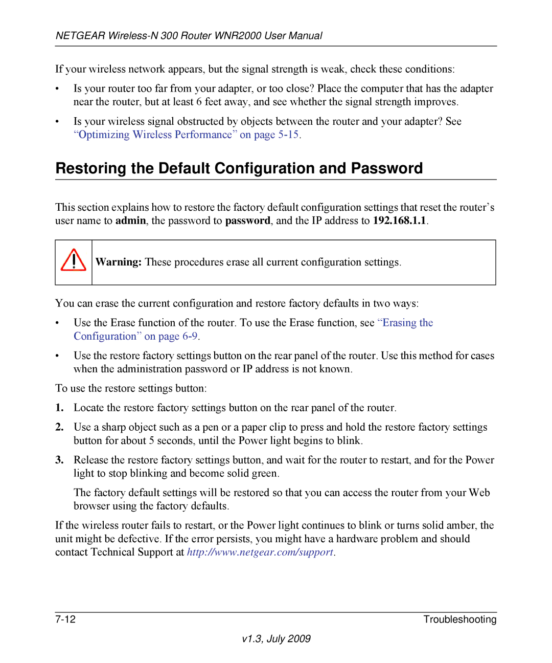 NETGEAR WNR2000 manual Restoring the Default Configuration and Password 