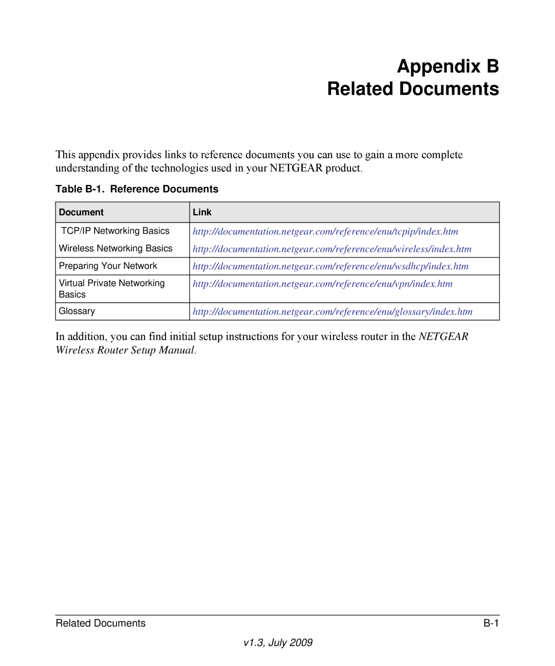 NETGEAR WNR2000 manual Appendix B Related Documents, Table B-1. Reference Documents 