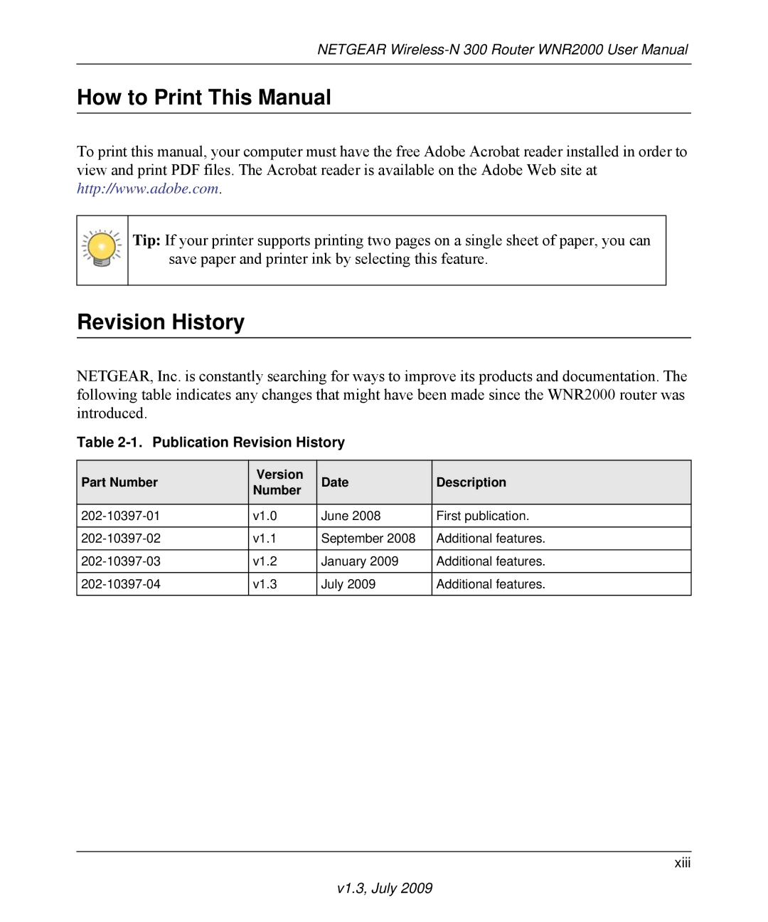 NETGEAR WNR2000 manual How to Print This Manual, Publication Revision History 