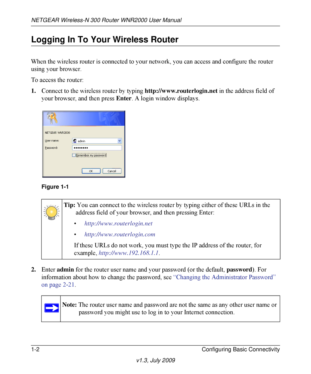 NETGEAR WNR2000 manual Logging In To Your Wireless Router 