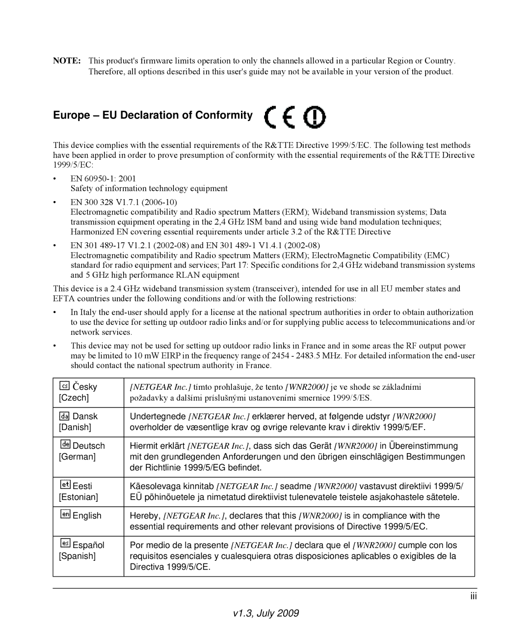 NETGEAR WNR2000 manual Europe EU Declaration of Conformity 