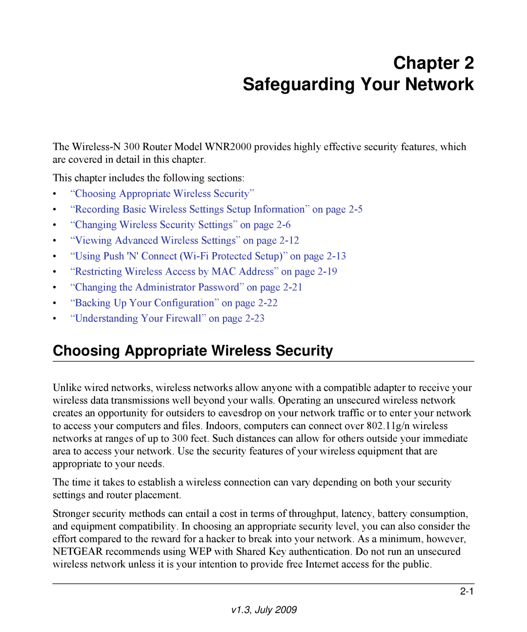 NETGEAR WNR2000 manual Chapter Safeguarding Your Network, Choosing Appropriate Wireless Security 