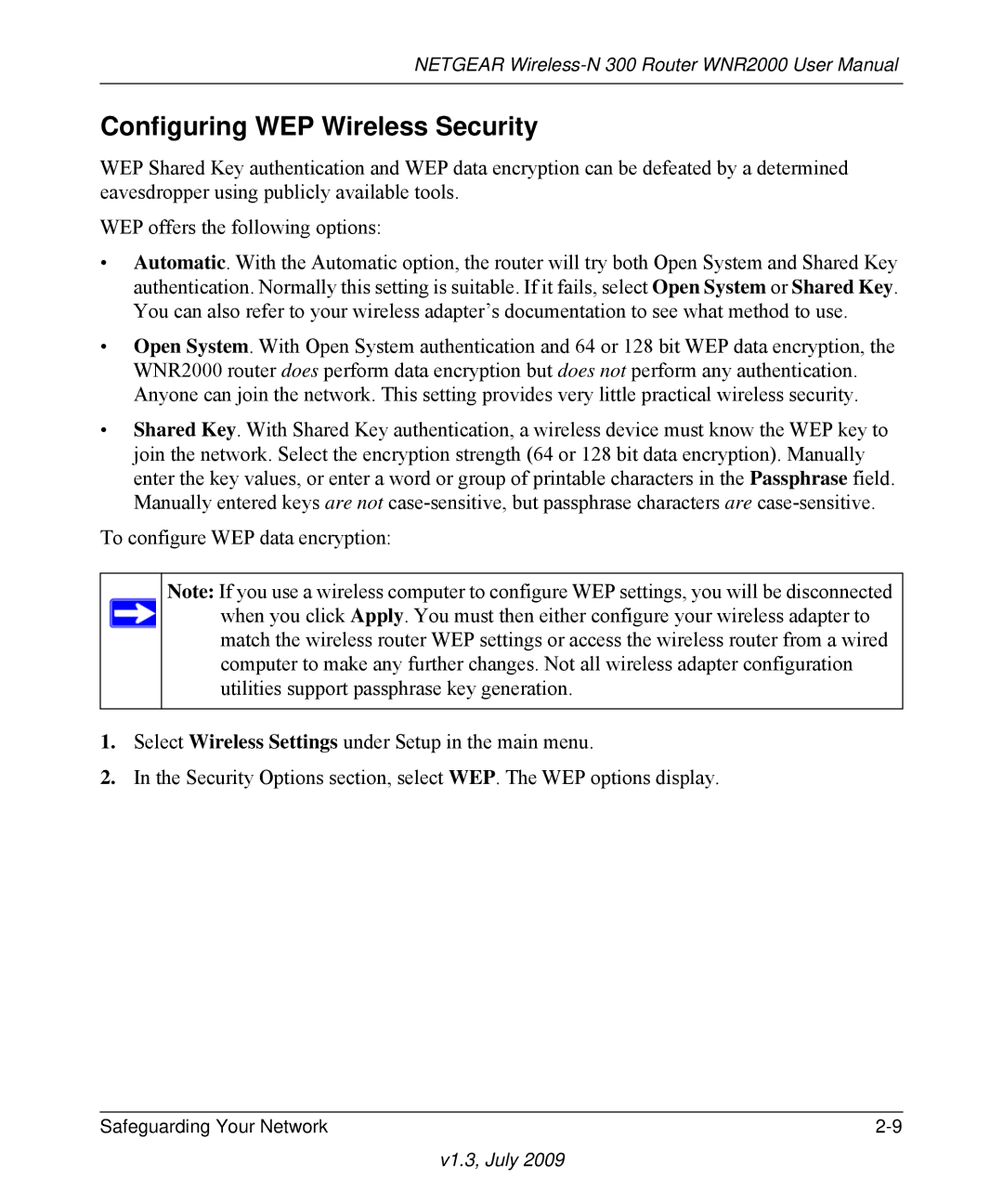 NETGEAR WNR2000 manual Configuring WEP Wireless Security 