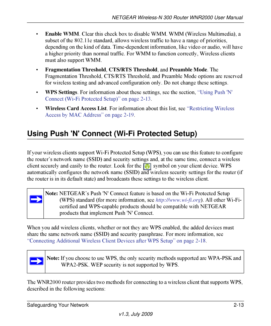 NETGEAR WNR2000 manual Using Push N Connect Wi-Fi Protected Setup 